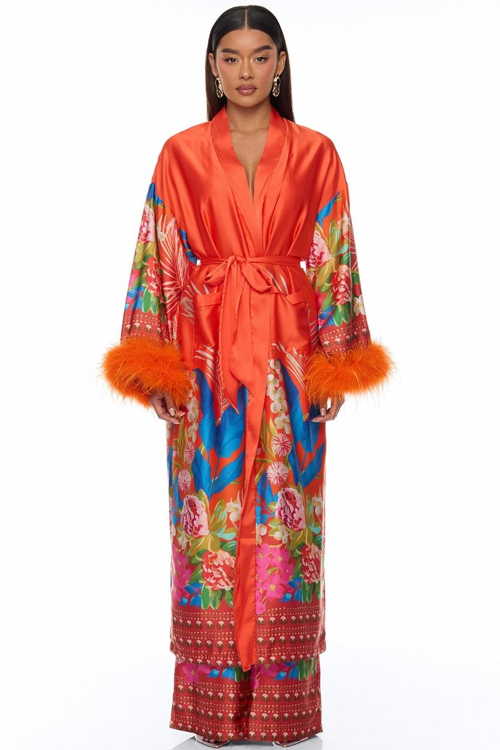 Kassidy Feathered Satin Pant 2 Piece Set - Orange