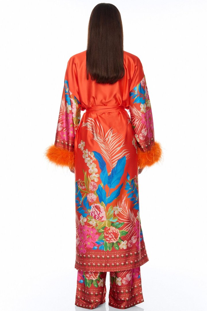Kassidy Feathered Satin Pant 2 Piece Set - Orange