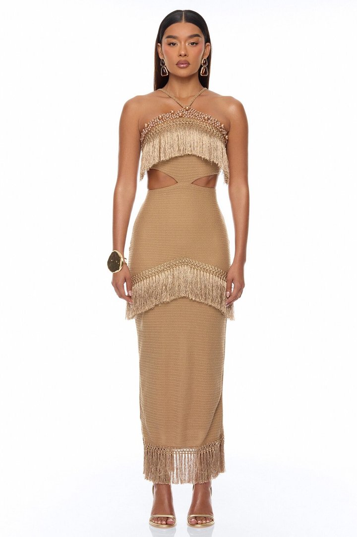 Mika Embellished Fringe Crochet Maxi Dress - Brown