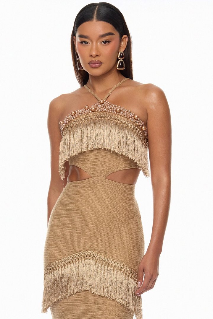 Mika Embellished Fringe Crochet Maxi Dress - Brown