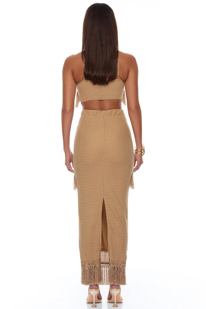 Mika Embellished Fringe Crochet Maxi Dress - Brown
