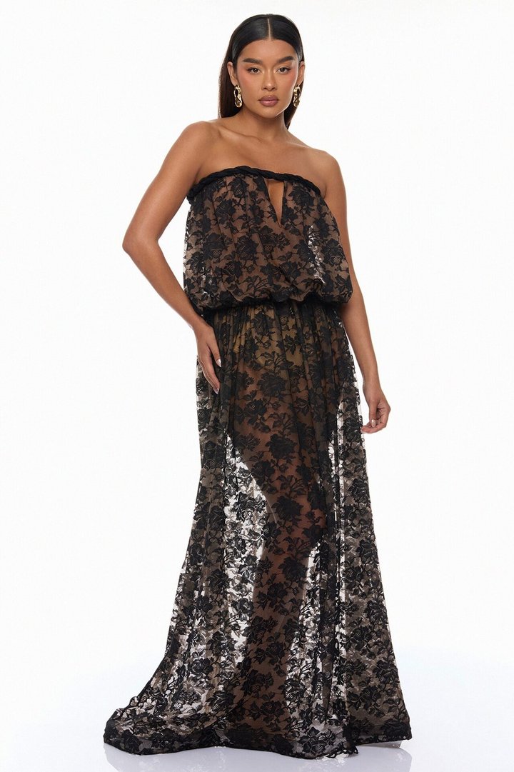 Faye Strapless Lace Maxi Dress - Black