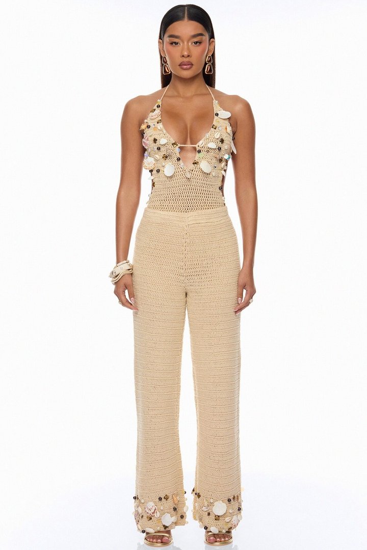 Off The Grid Crochet Sunsuit Pant 2 Piece Set - Sand