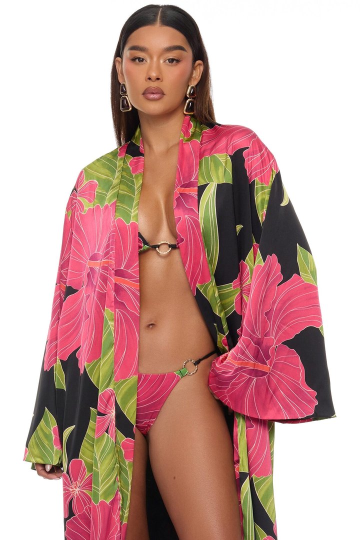 Tropic Oasis Vacation Kimono Bikini 3 Piece Set - Black/combo