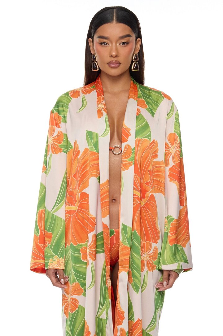 Tropic Oasis Vacation Kimono Bikini 3 Piece Set - Orange/combo