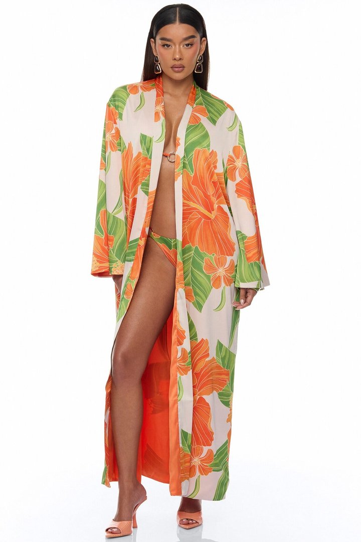 Tropic Oasis Vacation Kimono Bikini 3 Piece Set - Orange/combo