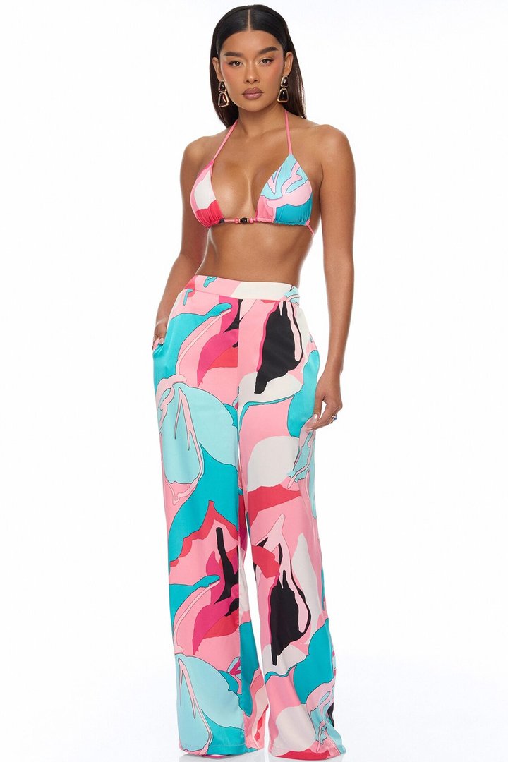 Eyes On Me Satin Kimono Bikini 4 Piece Set - Pink/combo