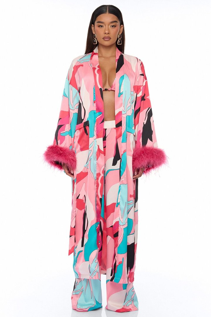Eyes On Me Satin Kimono Bikini 4 Piece Set - Pink/combo