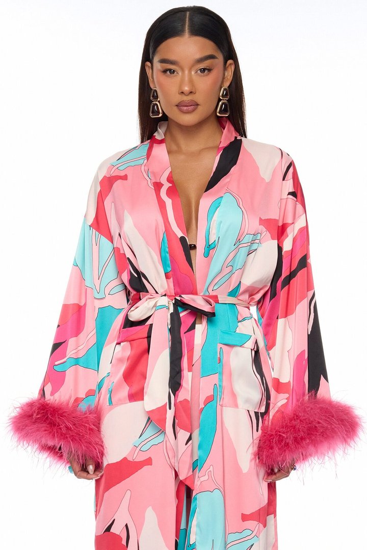 Eyes On Me Satin Kimono Bikini 4 Piece Set - Pink/combo
