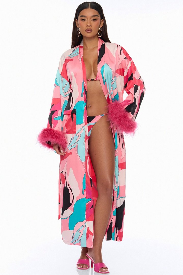 Eyes On Me Satin Kimono Bikini 4 Piece Set - Pink/combo