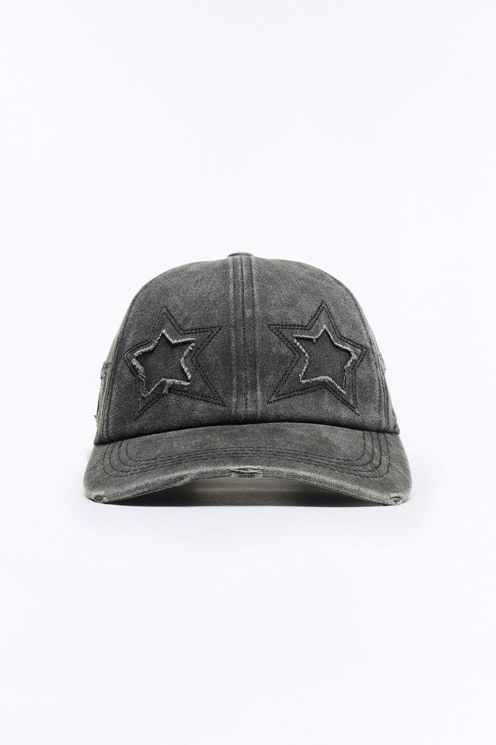 Stars Aligned Distressed Wash Snapback Hat - Black