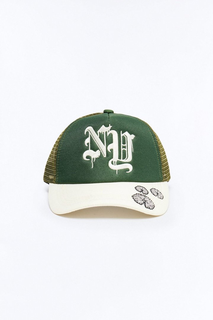 NY Old English Embroidery Trucker Snapback Hat - Green