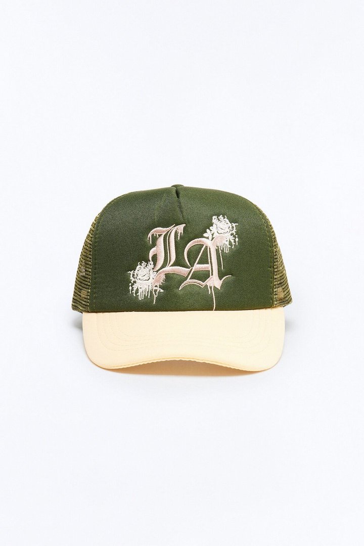 LA Flower Embroidery Trucker Snapback Hat - Green