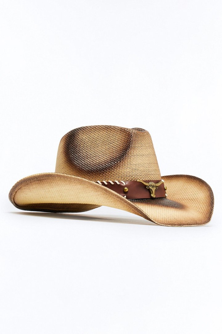 Western Washed Detail Cowboy Hat - Ivory/combo