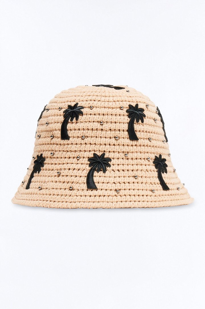 Palm Studded Straw Bucket Hat - Beige