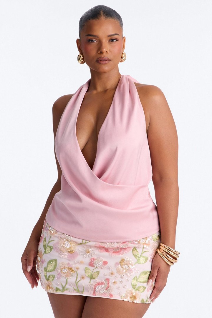 Slightly Chaotic Surplice Neck Satin Halter Top - Pink