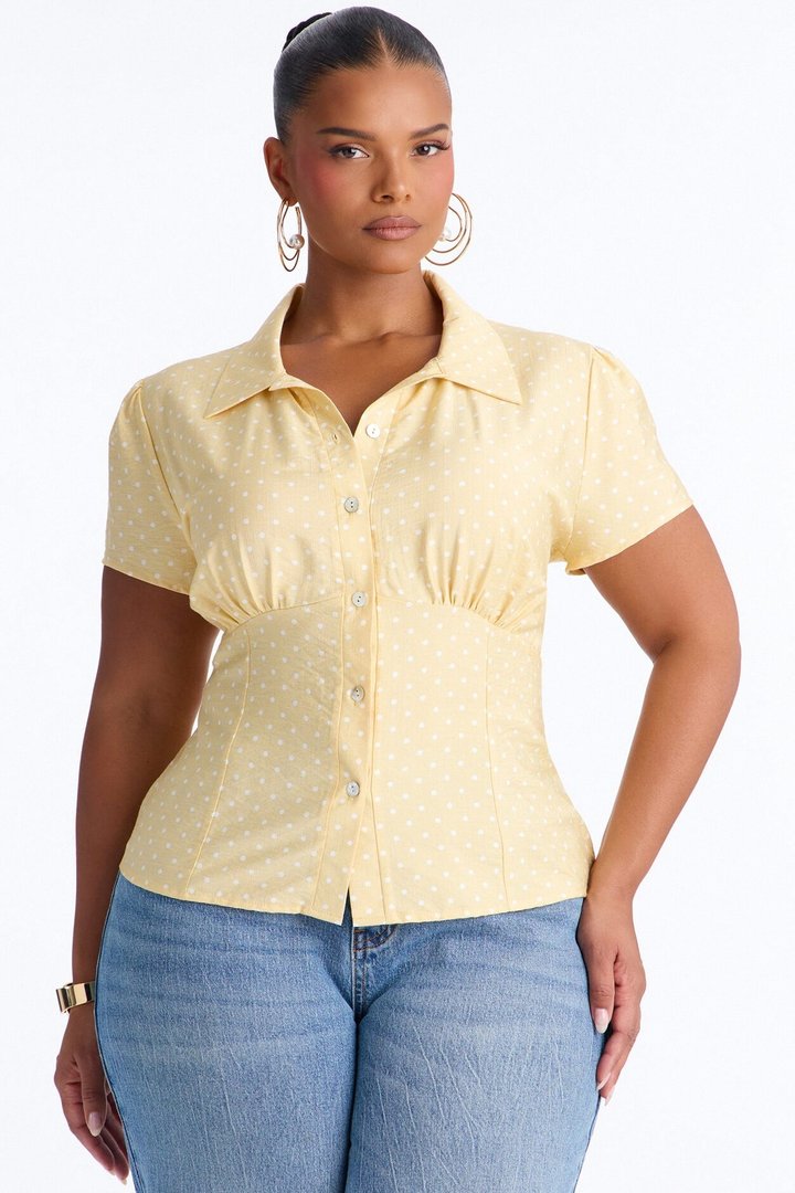 Fresh Season Polka Dot Linen Shirt - Yellow/combo