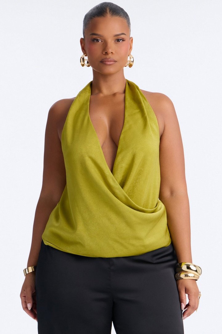 Slightly Chaotic Surplice Neck Satin Halter Top - Chartreuse