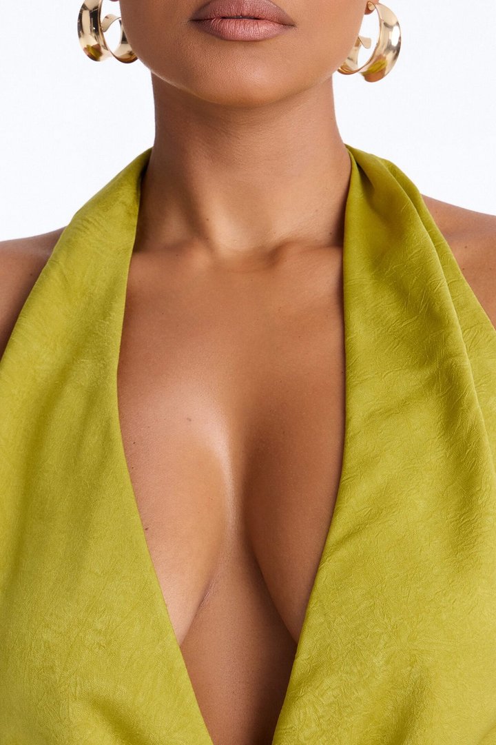 Slightly Chaotic Surplice Neck Satin Halter Top - Chartreuse
