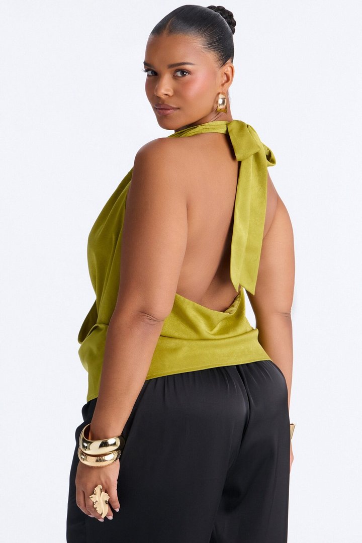 Slightly Chaotic Surplice Neck Satin Halter Top - Chartreuse