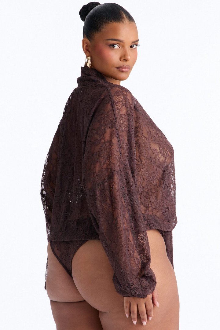 Chic And Out Long Sleeve Lace Bodysuit - Chocolate