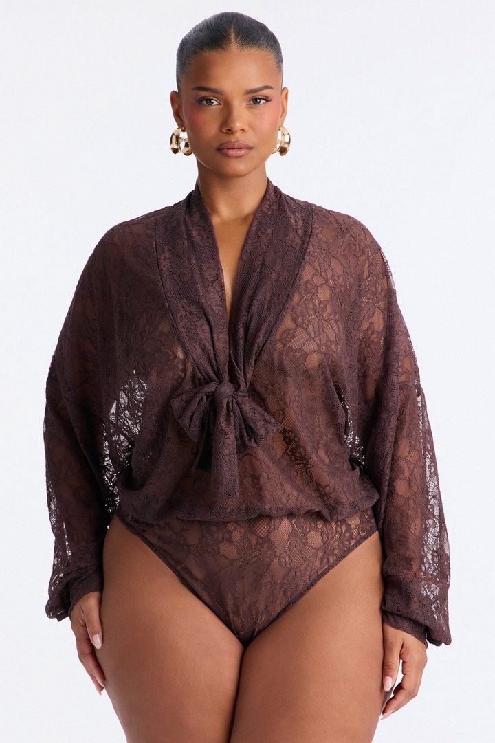 Chic And Out Long Sleeve Lace Bodysuit - Chocolate