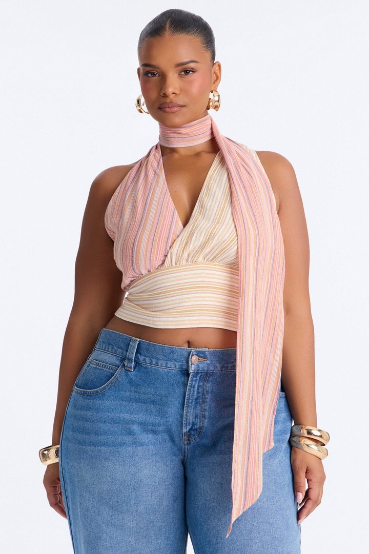 Heatwave Babe Striped Linen Scarf Top - Orange/combo