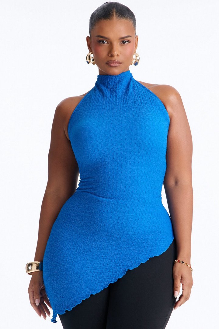 Barbados Textured Asymmetrical Halter Mock Neck Top - Royal
