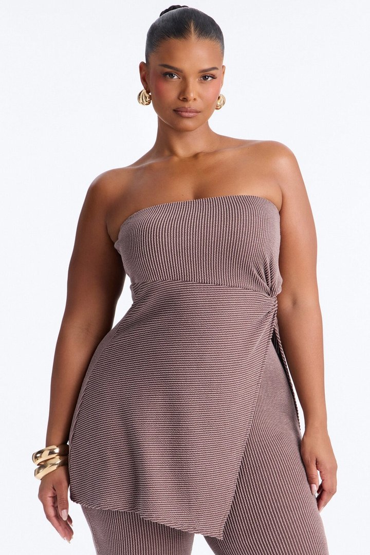 Mona Textured Strapless Flare Pant Set - Mocha