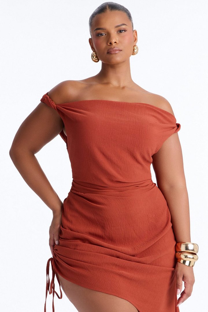 Soft Sands Off Shoulder Mini Dress - Rust