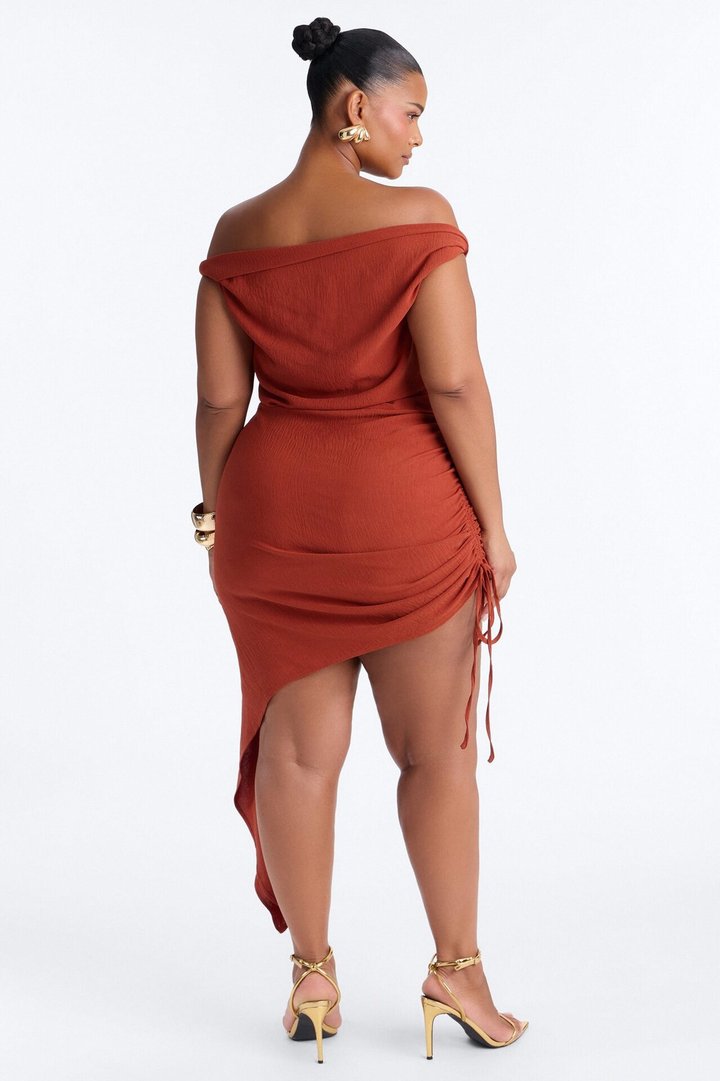 Soft Sands Off Shoulder Mini Dress - Rust
