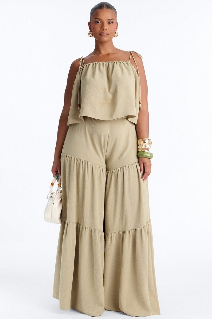 Mary Spaghetti Strap Wide Leg Pant Set - Sage