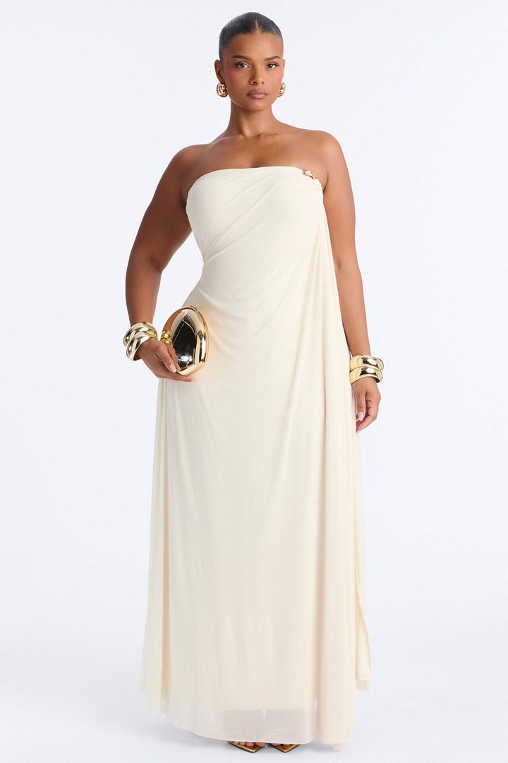 Marielle Draped Mesh Maxi Dress - Cream