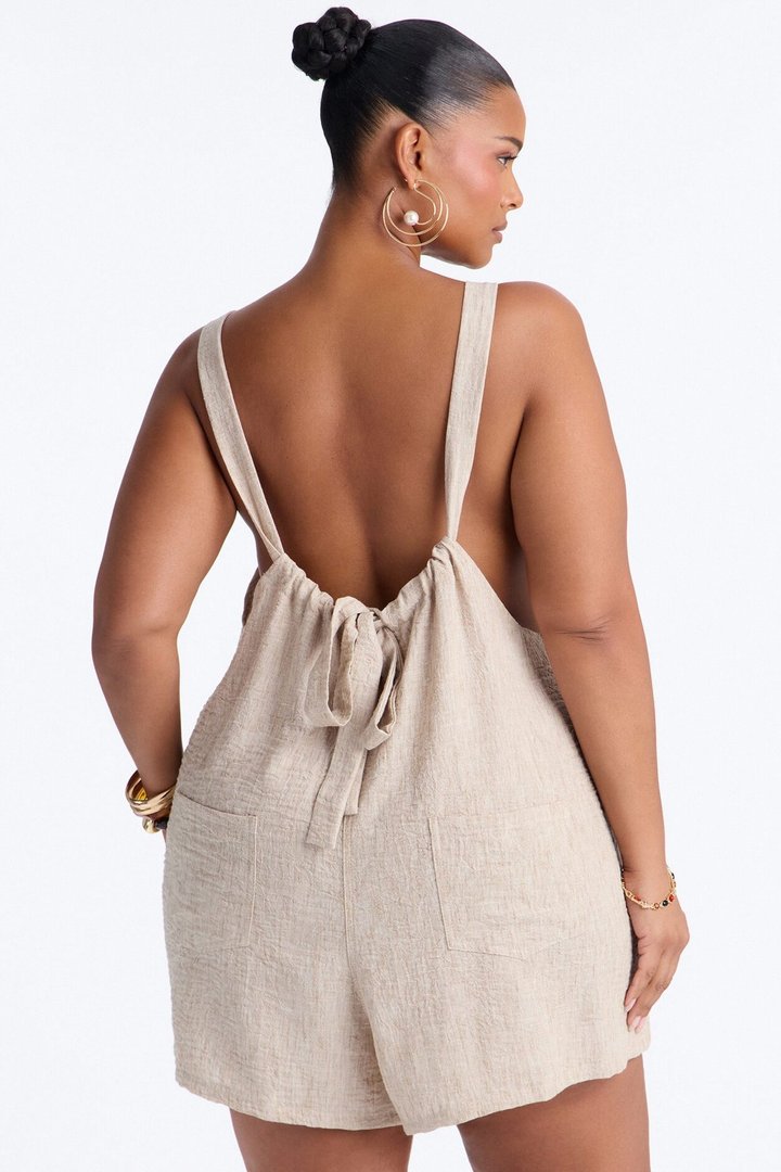 Jeanie Flowy Linen Romper - Tan