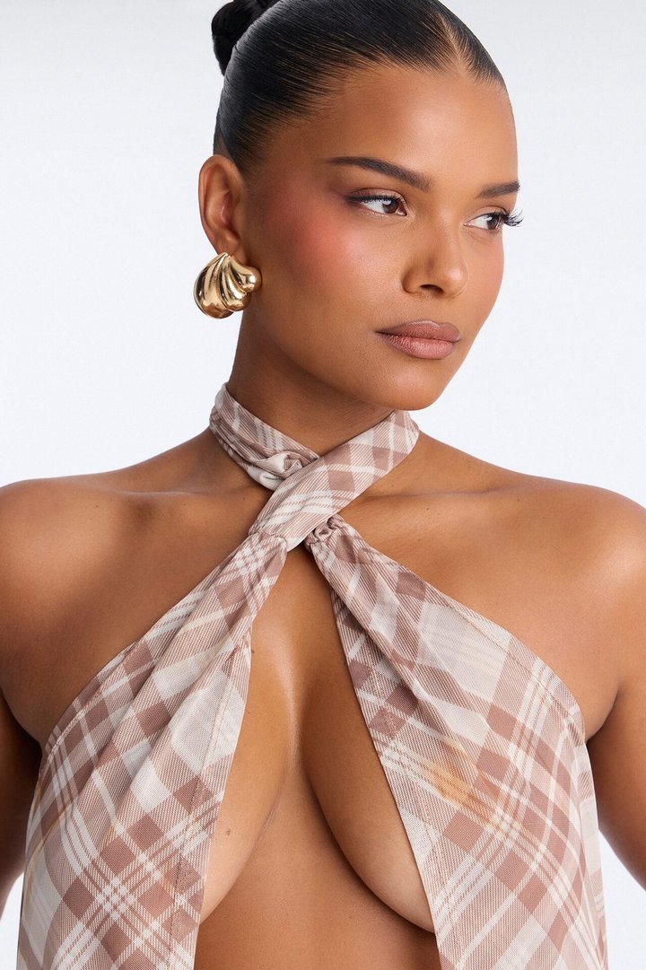 Plaid Vision Mesh Flyaway Halter Top - Cream/combo