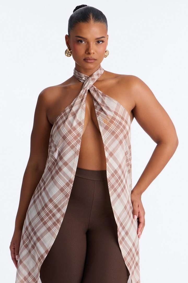 Plaid Vision Mesh Flyaway Halter Top - Cream/combo