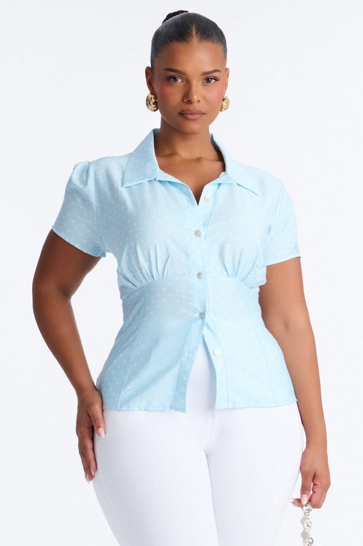 Fresh Season Polka Dot Linen Shirt - Blue/combo