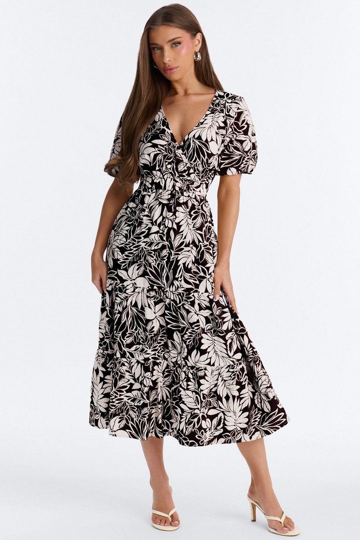 Elena Printed Midi Dress - Black/White