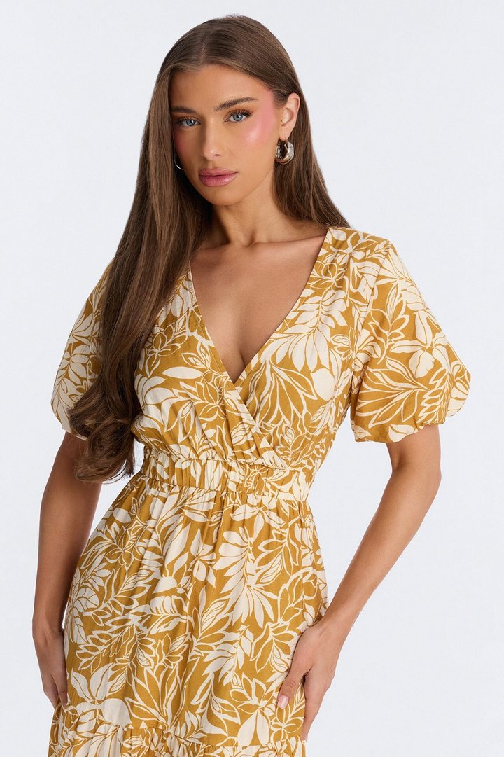 Elena Printed Midi Dress - Chartreuse