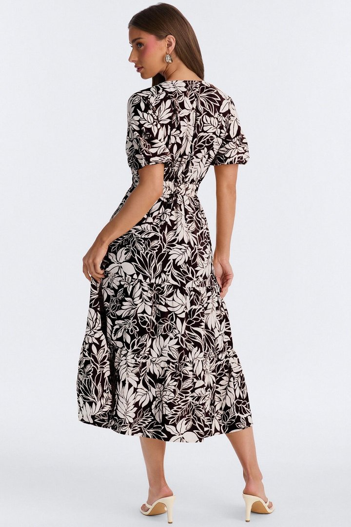 Elena Printed Midi Dress - Black/White