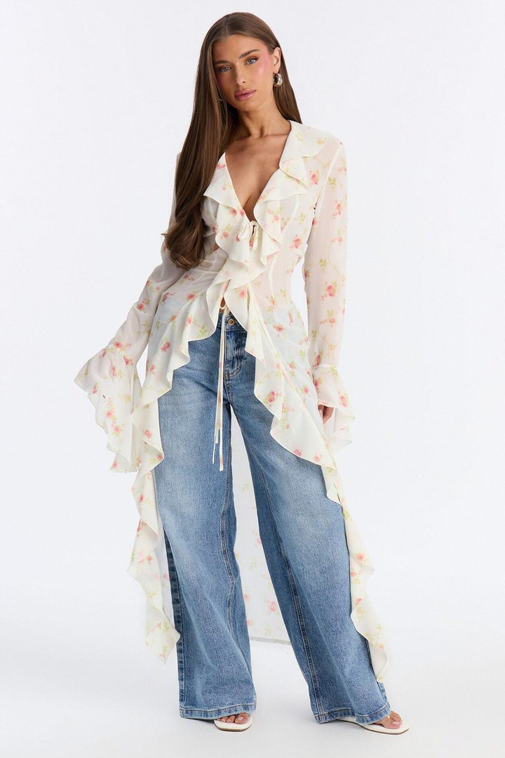 Pure Confidence Ditsy Floral Tie Front Maxi Top - Sage/combo