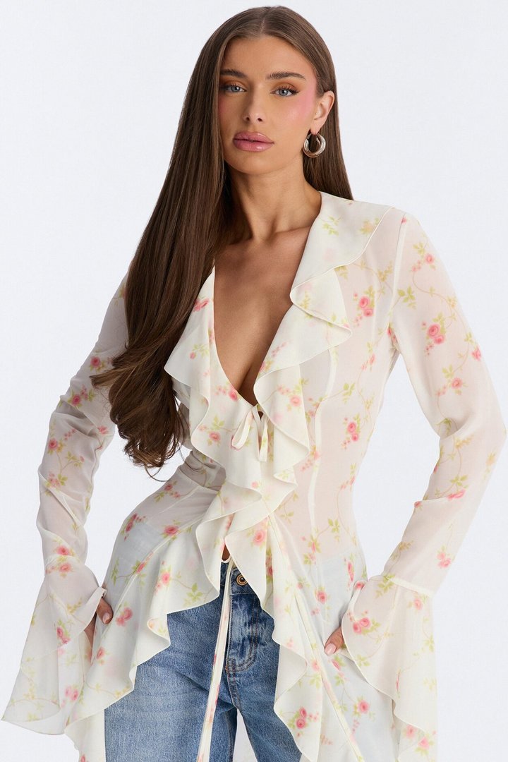 Pure Confidence Ditsy Floral Tie Front Maxi Top - Sage/combo