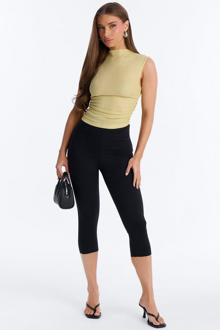 Sunlit Dream Mock Neck Metallic Knit Sleeveless Top - Yellow