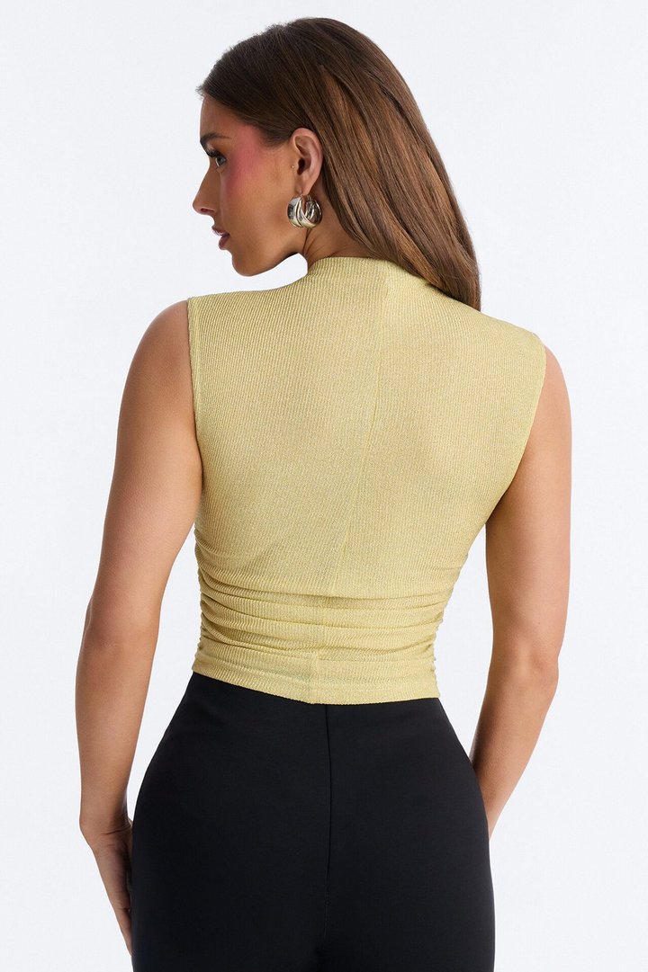 Sunlit Dream Mock Neck Metallic Knit Sleeveless Top - Yellow
