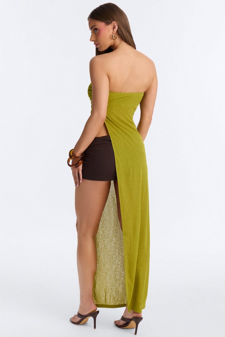 Tropical Drift Long Ruched Cut Out Tube Top - Chartreuse