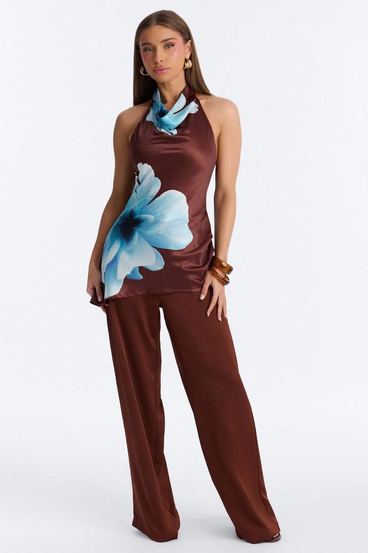 Short Greta Satin Floral High Neck Jumpsuit - Chocolate