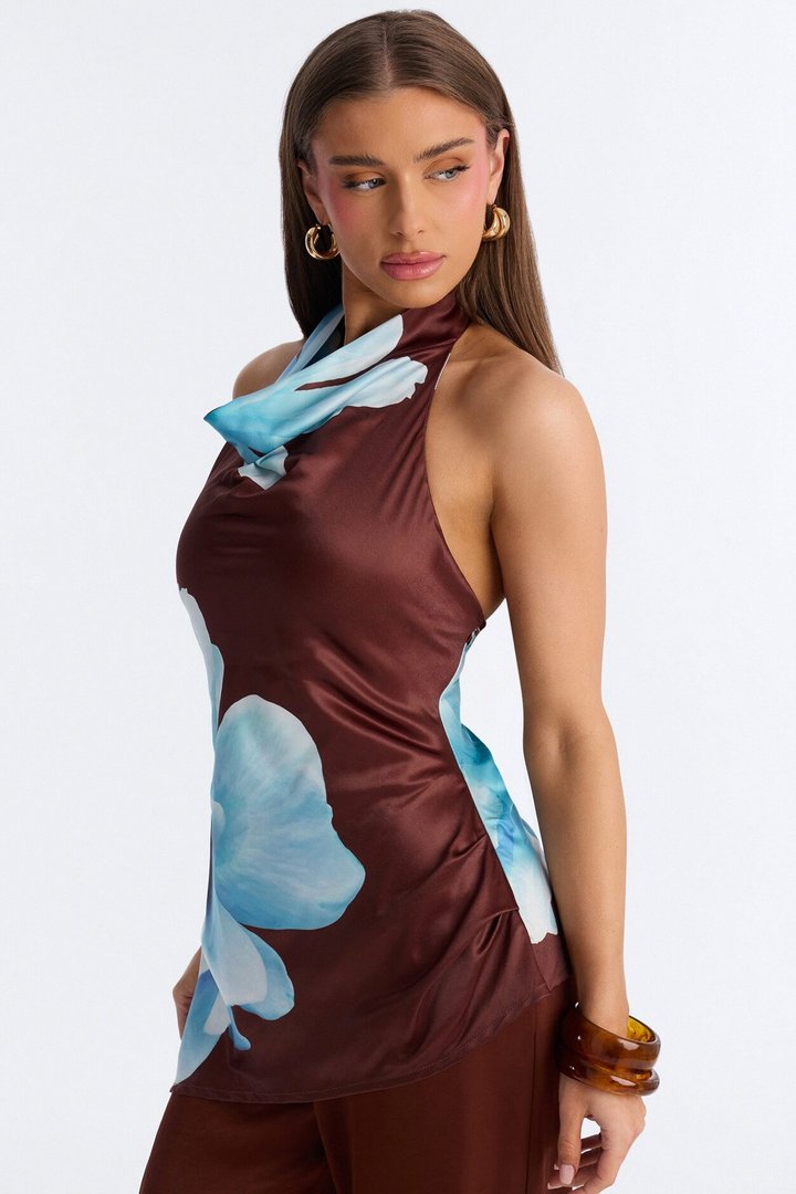 Short Greta Satin Floral High Neck Jumpsuit - Chocolate
