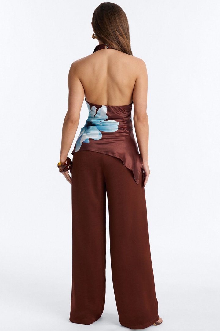 Short Greta Satin Floral High Neck Jumpsuit - Chocolate