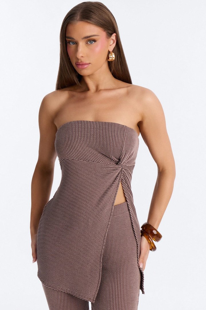 Mona Textured Strapless Flare Pant Set - Mocha