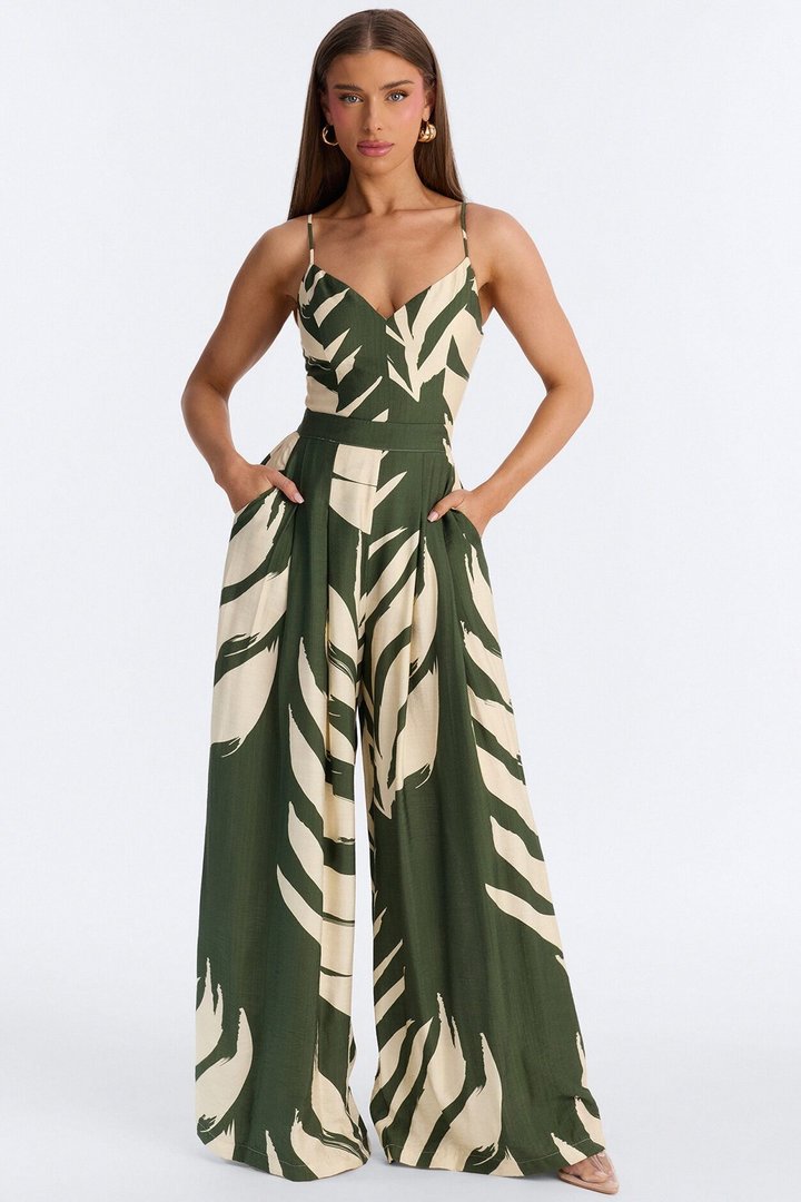 Short Tanya Tropical Wide Leg Jumpsuit - Green